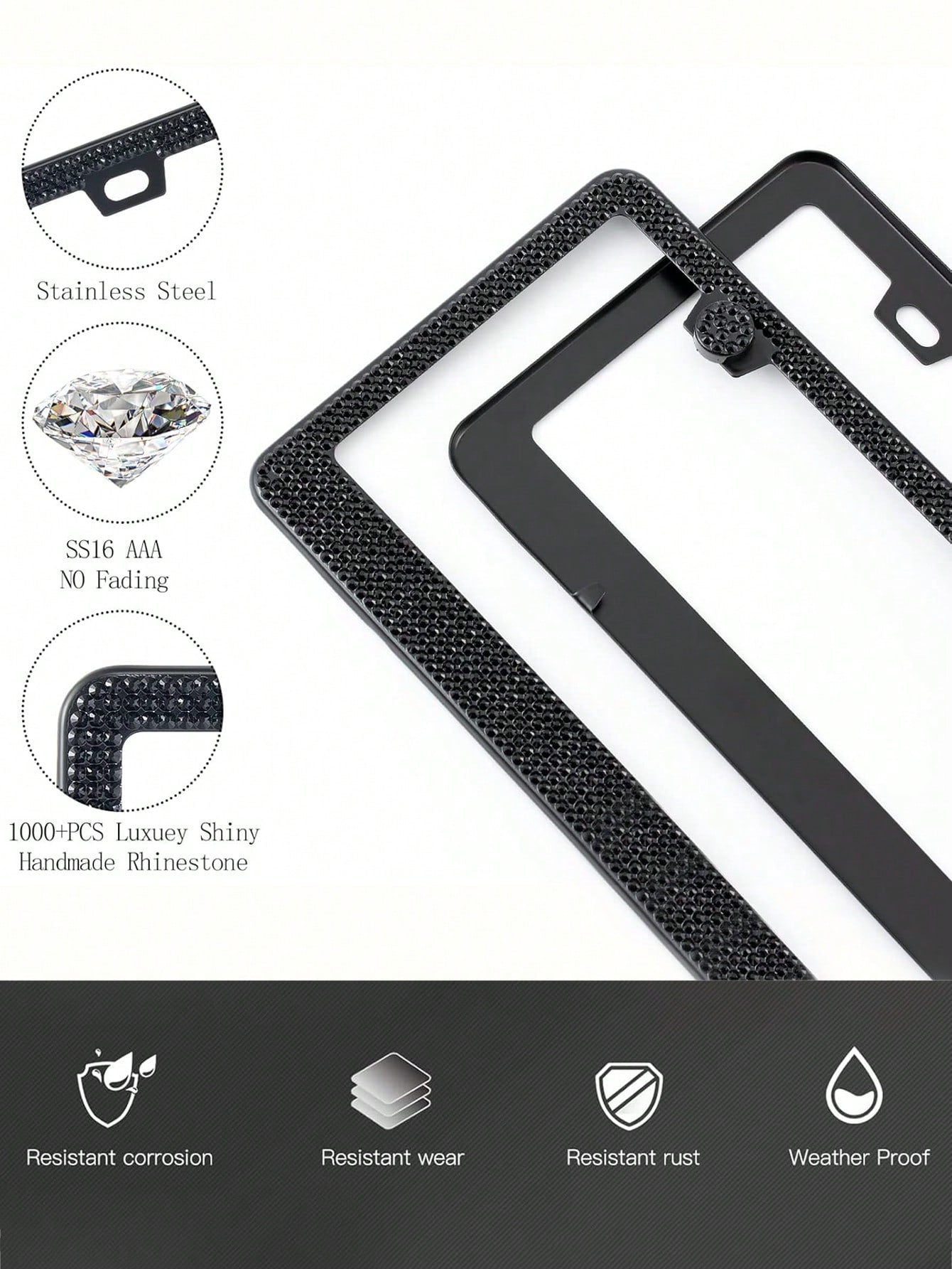 1PCS/2PCS Bling Rhinestone License Plate Frame – Lasting Sparkle With Multifaceted Diamonds| Stainless Steel Construction, Obstruction-Free Design| Includes Glittery Crystal Screw Caps For Full Blin