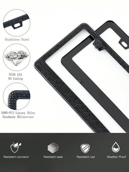 1PCS/2PCS Bling Rhinestone License Plate Frame – Lasting Sparkle With Multifaceted Diamonds| Stainless Steel Construction, Obstruction-Free Design| Includes Glittery Crystal Screw Caps For Full Blin