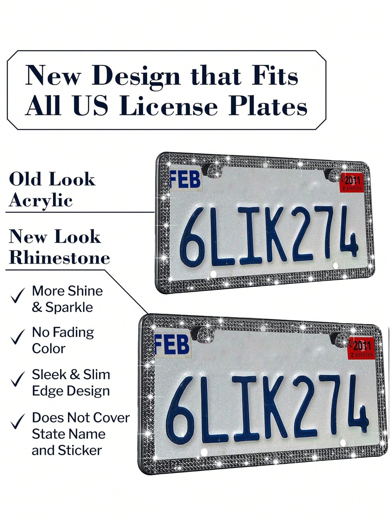 1PCS/2PCS Bling Rhinestone License Plate Frame – Lasting Sparkle With Multifaceted Diamonds| Stainless Steel Construction, Obstruction-Free Design| Includes Glittery Crystal Screw Caps For Full Blin