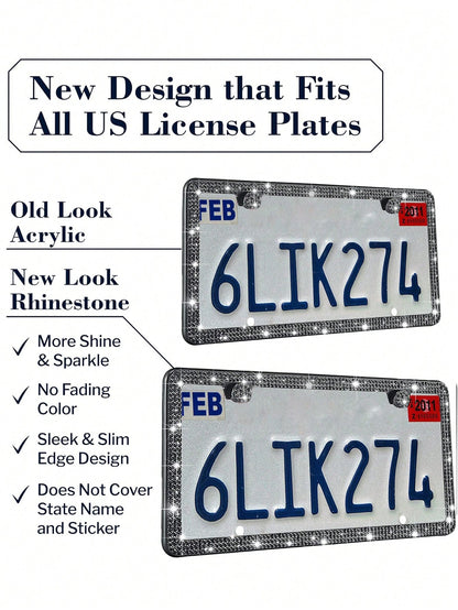 1PCS/2PCS Bling Rhinestone License Plate Frame – Lasting Sparkle With Multifaceted Diamonds| Stainless Steel Construction, Obstruction-Free Design| Includes Glittery Crystal Screw Caps For Full Blin
