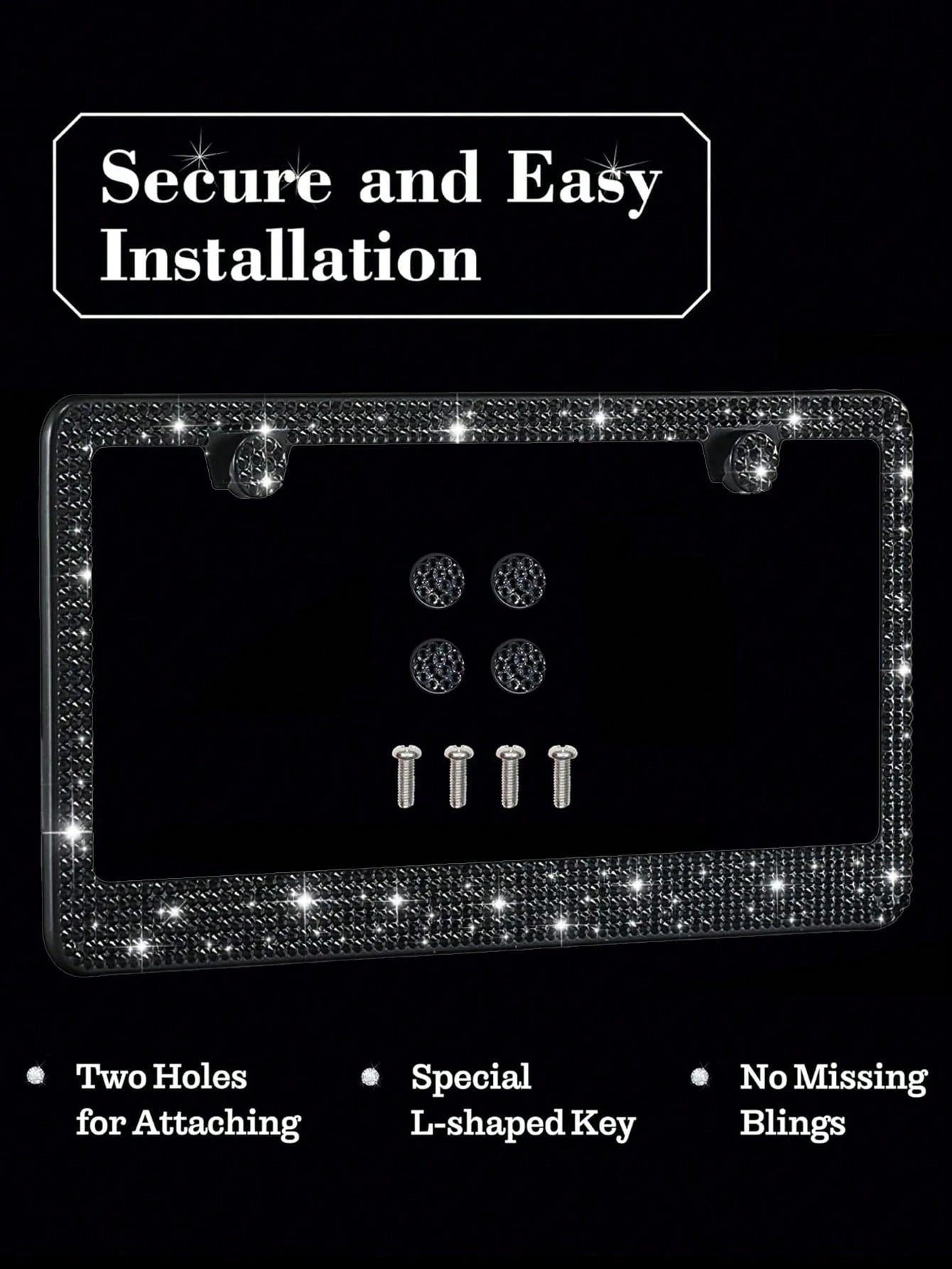 1PCS/2PCS Bling Rhinestone License Plate Frame – Lasting Sparkle With Multifaceted Diamonds| Stainless Steel Construction, Obstruction-Free Design| Includes Glittery Crystal Screw Caps For Full Blin