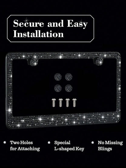 1PCS/2PCS Bling Rhinestone License Plate Frame – Lasting Sparkle With Multifaceted Diamonds| Stainless Steel Construction, Obstruction-Free Design| Includes Glittery Crystal Screw Caps For Full Blin