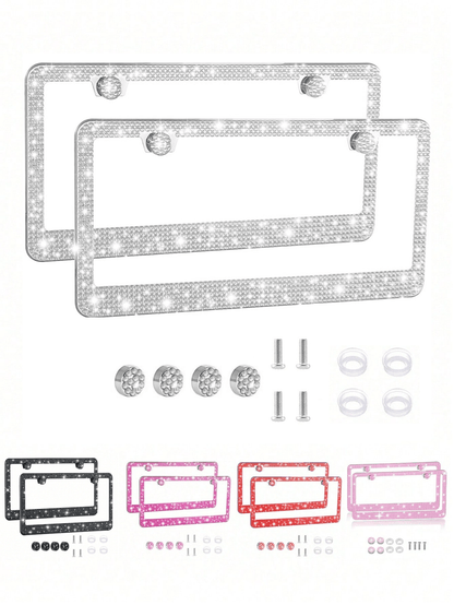 1PCS/2PCS Bling Rhinestone License Plate Frame – Lasting Sparkle With Multifaceted Diamonds| Stainless Steel Construction, Obstruction-Free Design| Includes Glittery Crystal Screw Caps For Full Blin