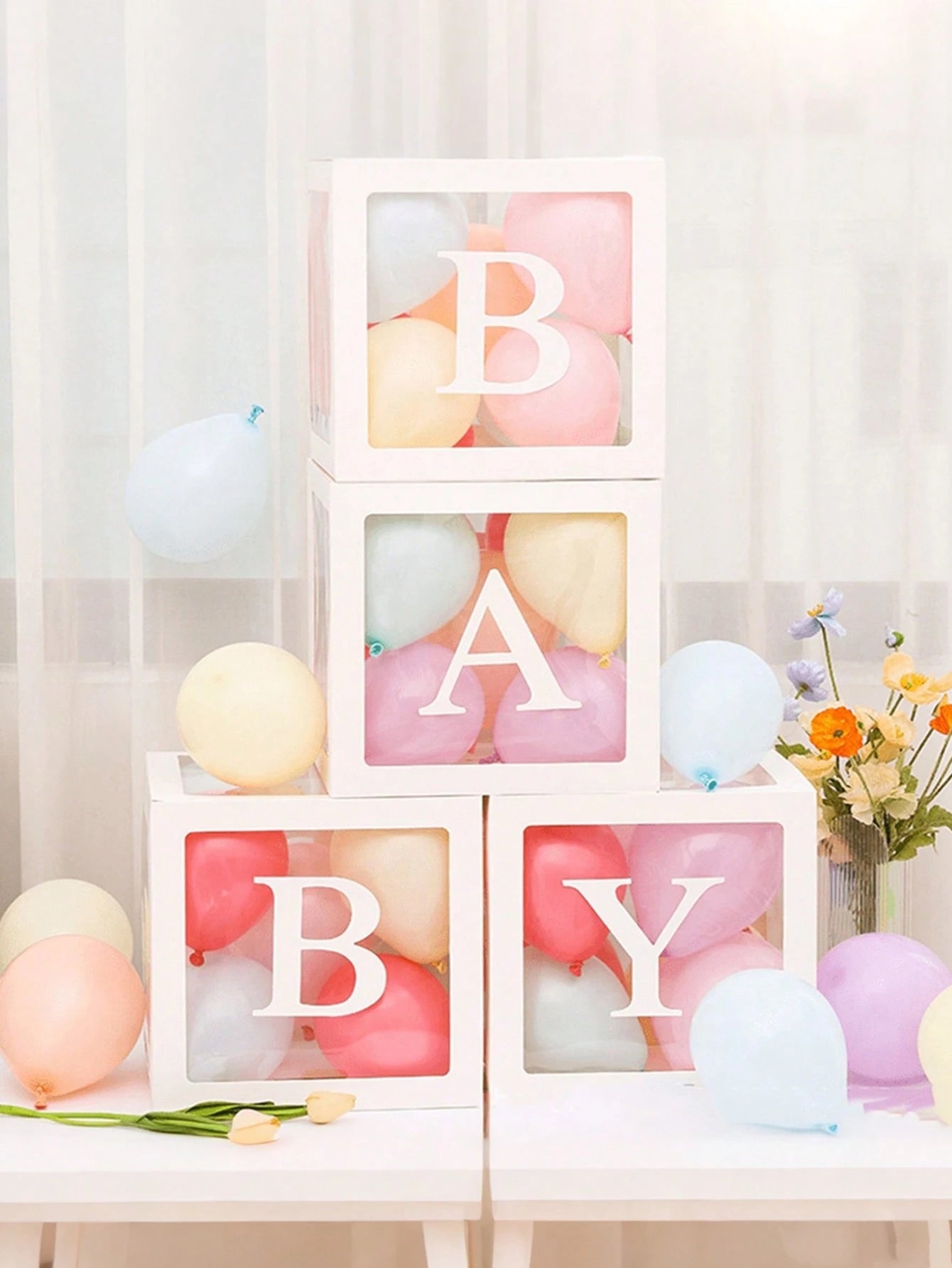 1Set, Baby Letters Paper Transparent Box, Happy Birthday Decoration Balloon Box, Baby Shower Decoration One Year Frist One 1st Birthday Birthday Party (Excluding Balloons)Baby Shower Family Decoration