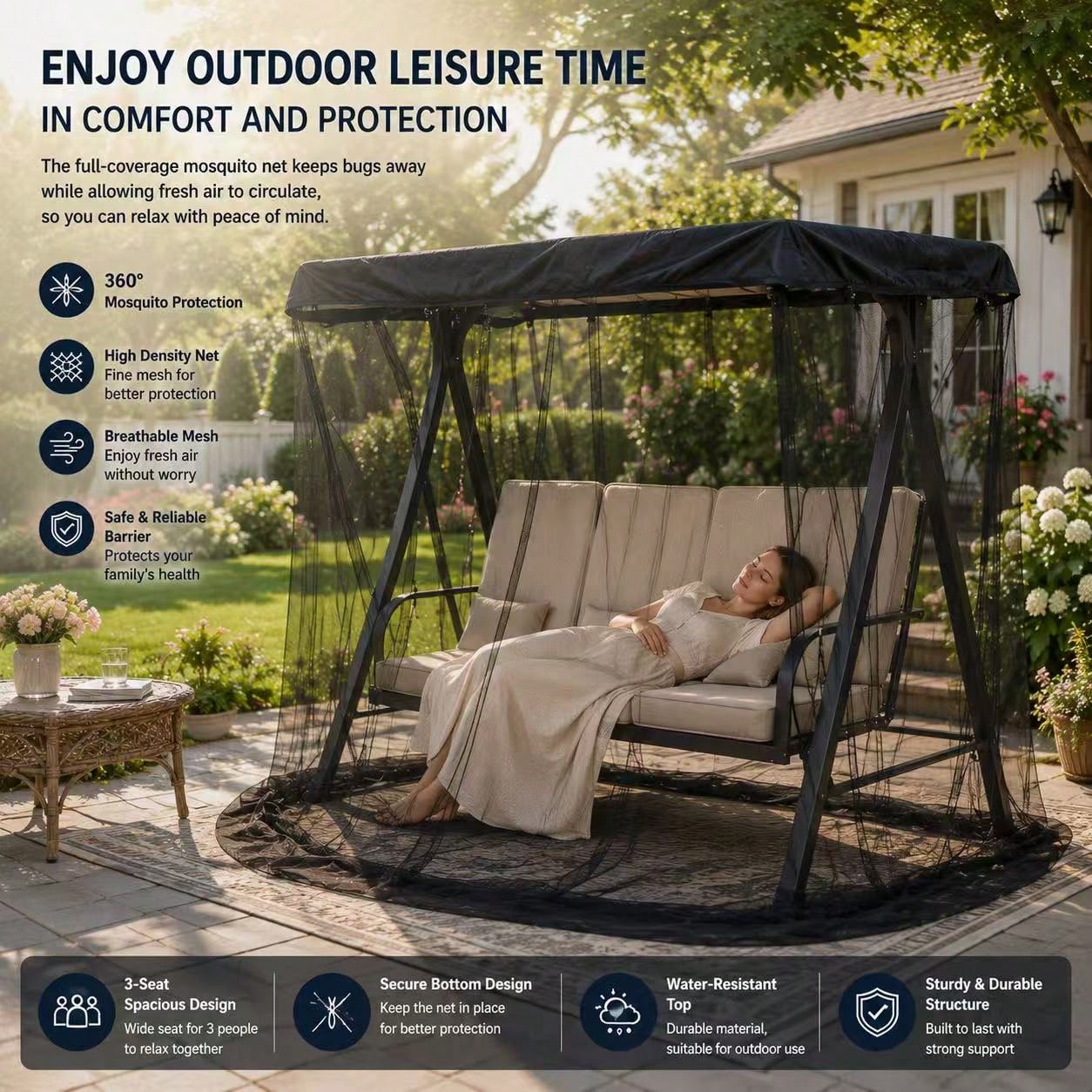 1set Patio Swing Mosquito Net For 3-Seat Outdoor Garden Swing Chair, ONLY Mosquito Net Cover Canopy Netting With Zipper For Backyard Patio Yard