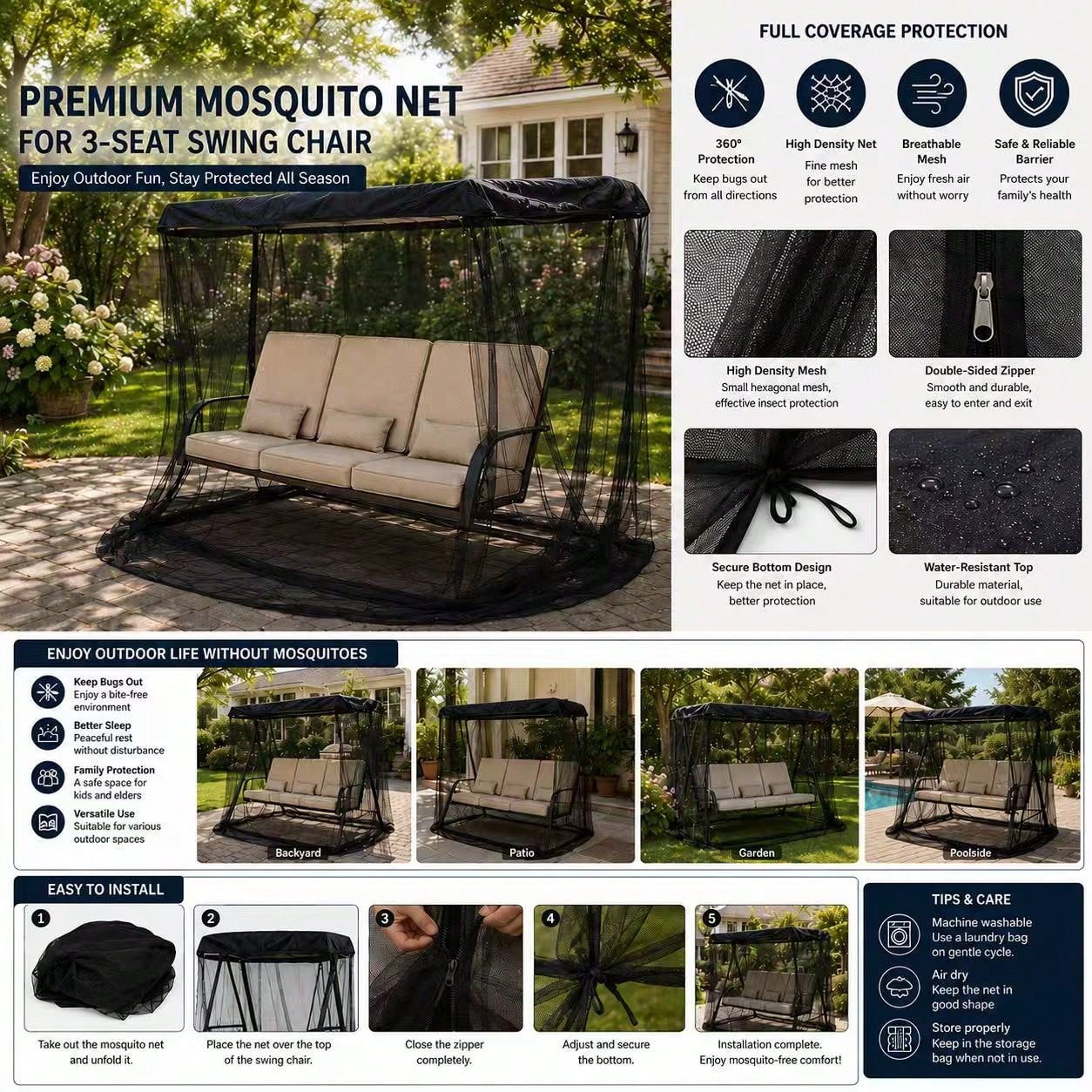1set Patio Swing Mosquito Net For 3-Seat Outdoor Garden Swing Chair, ONLY Mosquito Net Cover Canopy Netting With Zipper For Backyard Patio Yard