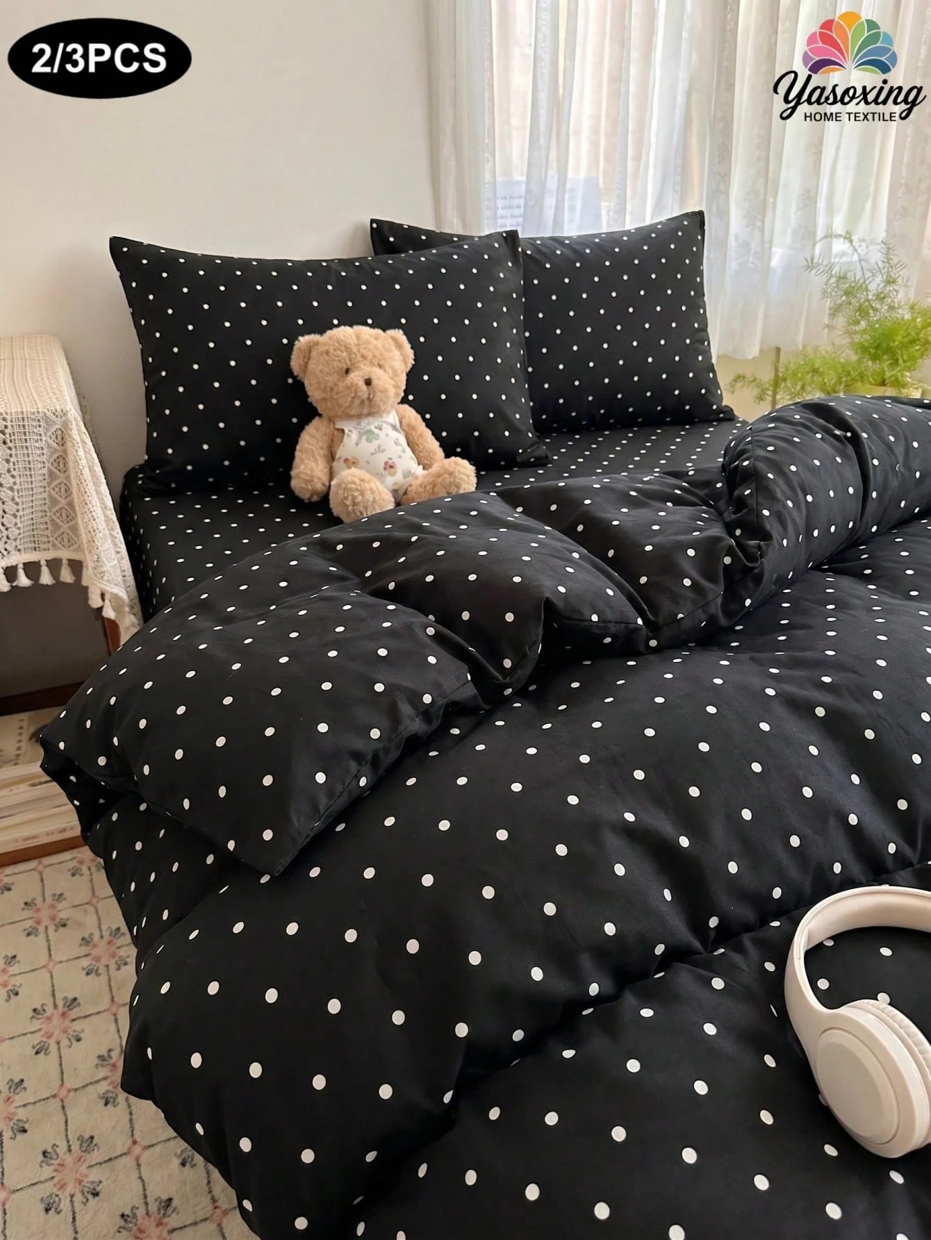 2/3pcs Black Fine Polka Dot Pattern Duvet Cover Bedding Set, Soft Breathable Wrinkle-Resistant, Helps Sleep, Luxury Hotel Style, Gift For Parents And Friends, Reversible Dual-Color Duvet Cover*1 Pillo