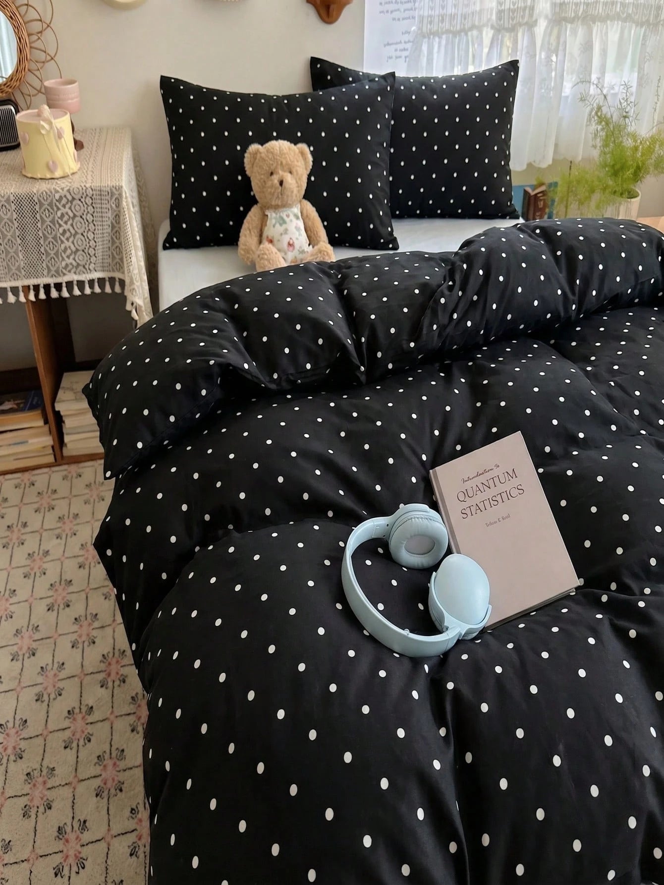 2/3pcs Black Fine Polka Dot Pattern Duvet Cover Bedding Set, Soft Breathable Wrinkle-Resistant, Helps Sleep, Luxury Hotel Style, Gift For Parents And Friends, Reversible Dual-Color Duvet Cover*1 Pillo