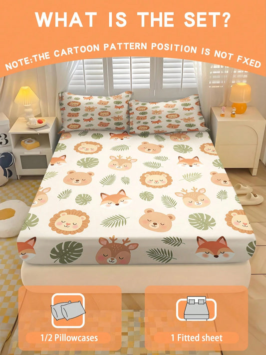 2/3PCS Cartoon Forest Animal Fitted Sheet Set Soft Breathable Bedding For All Seasons Twin/Full/Queen 100% Polyester Machine Washable