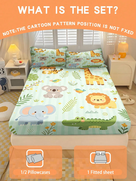 2/3PCS Cartoon Safari Animal Fitted Sheet Set Soft Breathable Bedding For All Seasons Twin/Full/Queen 100% Polyester Machine Washable