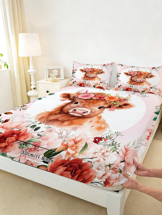 2/3pcs Floral Highland Cow Children's Bedding Set, Watercolor Floral Wreath Cute Cow Print Fitted Sheet With Pillowcase, Pastoral Style Bedroom Bedding Set (Single/Double/Queen/King)