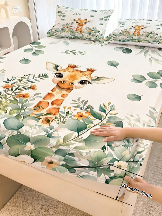 2/3pcs Jungle Wild Animal Bedding Set, 30cm Deep Pocket Children's Bedding, Cute Cartoon Lion Giraffe Zebra Elephant Print Bed Sheet, Suitable For Kids, Teens, Adults, Boys And Girls Bedroom