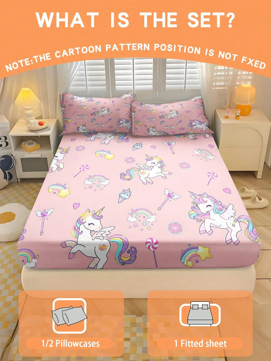 2/3PCS Light Pink Winged Unicorn Rainbow Fitted Sheet Set Soft Breathable Bedding For All Seasons Twin/Full/Queen 100% Polyester Machine Washable