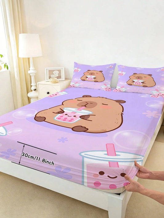 2/3pcs Purple Capybara Boba Milk Tea Children Girls Bedding Set, Cute Cartoon Capybara Drinking Pearl Milk Tea Print Fitted Sheet And Pillowcase, Kawaii Theme Bedding Set For Girls Bedroom
