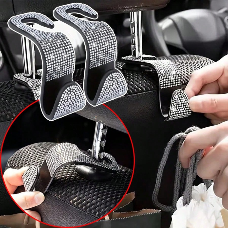 2/4pcs Black & White Diamond Car Seat Back Hooks, Convenient For Hanging Bags, Coats, Shopping Bags, Easily Solves In-Car Storage Issues, Simple Installation On Seat Back, Diamond Decor Adds Sophistic
