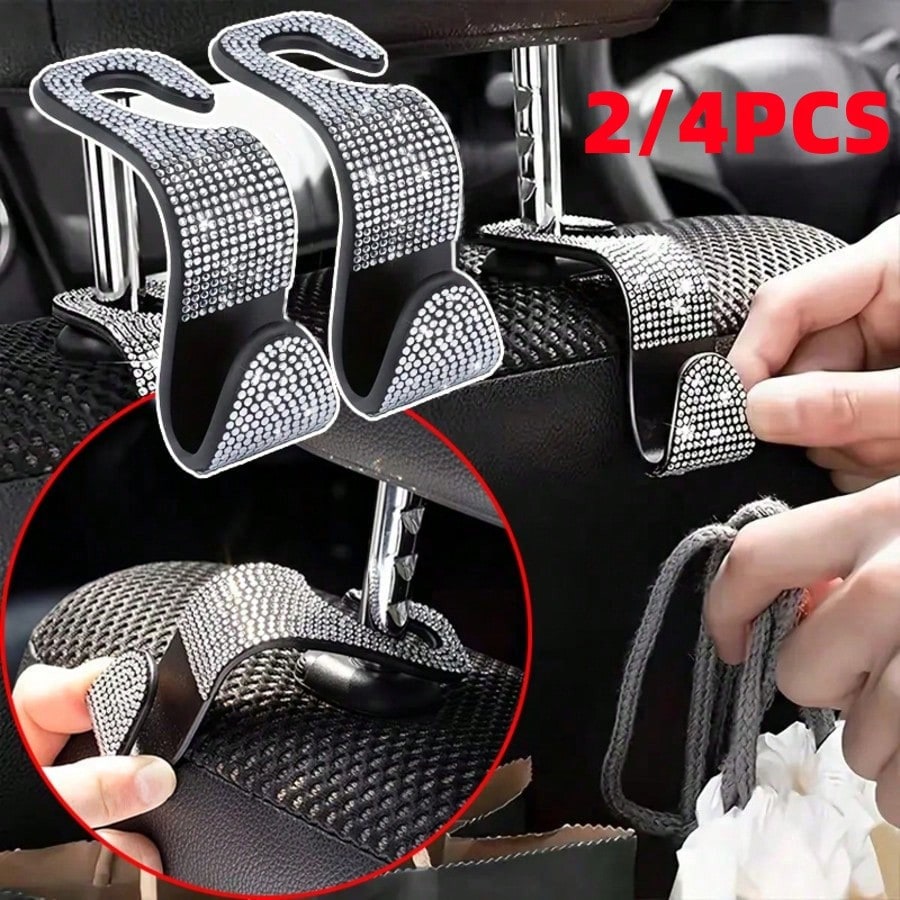 2/4pcs Black & White Diamond Car Seat Back Hooks, Convenient For Hanging Bags, Coats, Shopping Bags, Easily Solves In-Car Storage Issues, Simple Installation On Seat Back, Diamond Decor Adds Sophistic