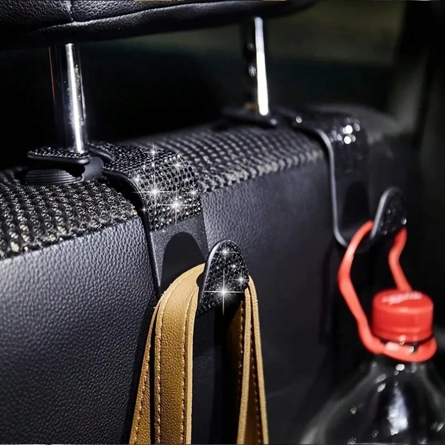 2/4pcs Black & White Diamond Car Seat Back Hooks, Convenient For Hanging Bags, Coats, Shopping Bags, Easily Solves In-Car Storage Issues, Simple Installation On Seat Back, Diamond Decor Adds Sophistic