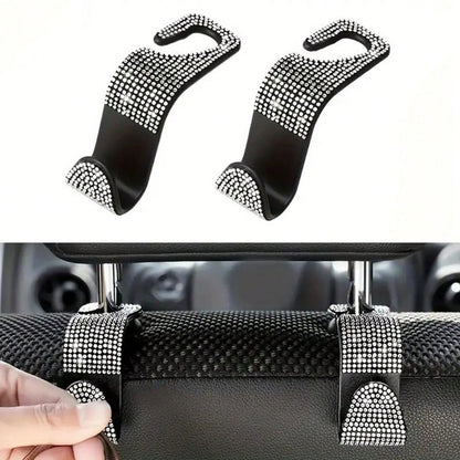 2/4pcs Black & White Diamond Car Seat Back Hooks, Convenient For Hanging Bags, Coats, Shopping Bags, Easily Solves In-Car Storage Issues, Simple Installation On Seat Back, Diamond Decor Adds Sophistic