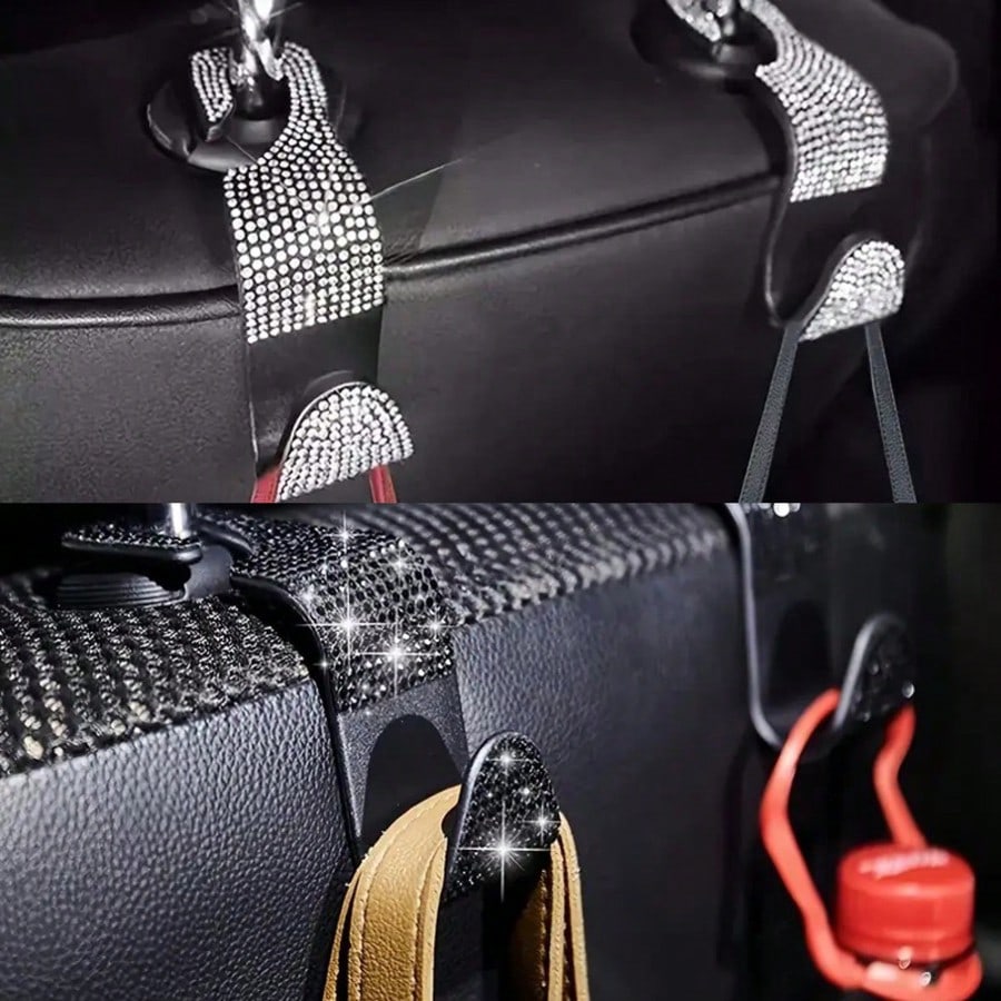 2/4pcs Black & White Diamond Car Seat Back Hooks, Convenient For Hanging Bags, Coats, Shopping Bags, Easily Solves In-Car Storage Issues, Simple Installation On Seat Back, Diamond Decor Adds Sophistic