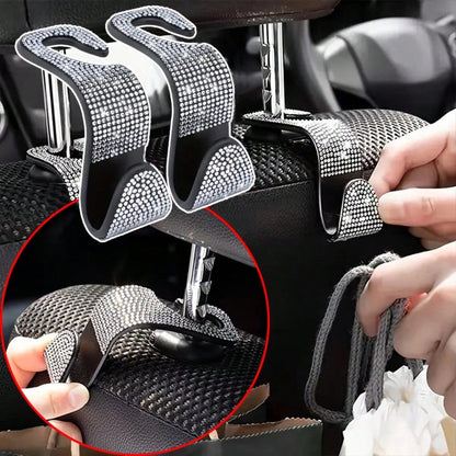 2/4pcs Black & White Diamond Car Seat Back Hooks, Convenient For Hanging Bags, Coats, Shopping Bags, Easily Solves In-Car Storage Issues, Simple Installation On Seat Back, Diamond Decor Adds Sophistic