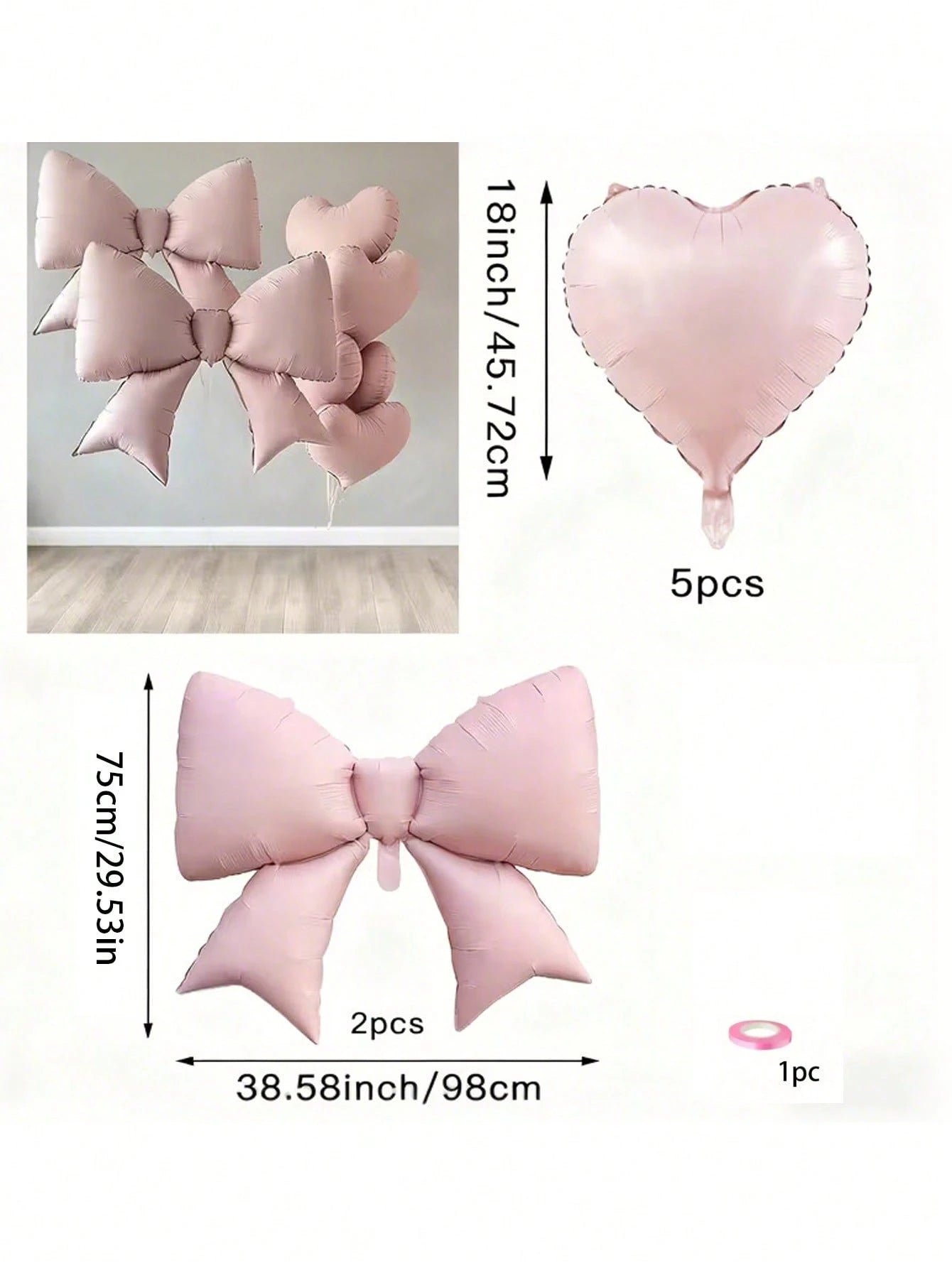 2/7 Sets Of Pink And Pink Heart-Shaped Balloons And Bows, Suitable For Weddings, Birthdays, Valentine's Day, Parties