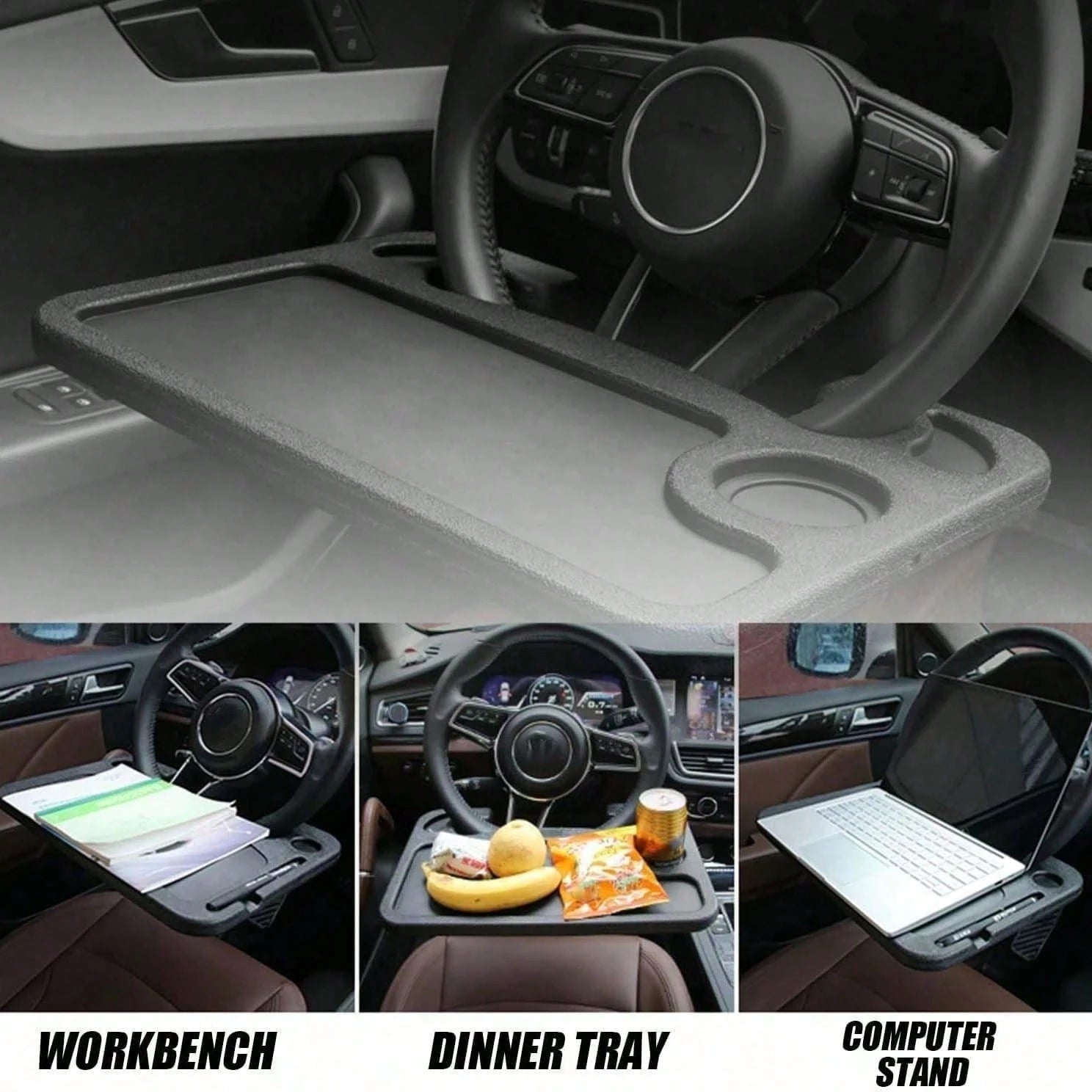 2 In 1 Auto Steering Wheel Table, Multipurpose Car Interior Travel Accessory, Universal Black Steering Wheel Desk For Laptop, Food And Drinks, Wear Resistant Scratch Proof Anti-Aging No Deformation, E