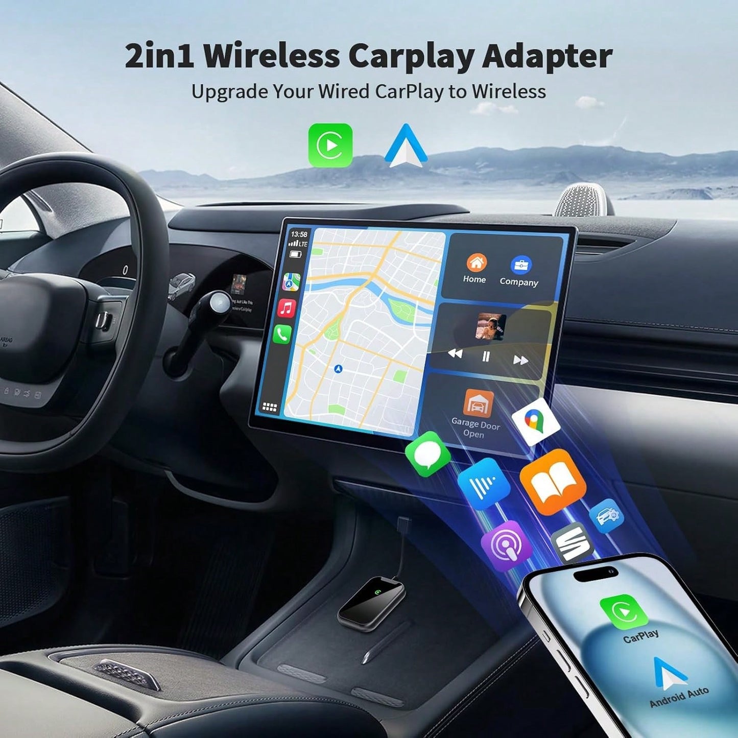 2 In 1 Wireless CarPlay Adapter For Apple CarPlay & Android Auto, Convert Wired To Wireless, No Delay, Plug And Play, Mini Size, Stable Control, Dual-Band Wi-Fi 2.4-5.8GHz Adapter For & Android