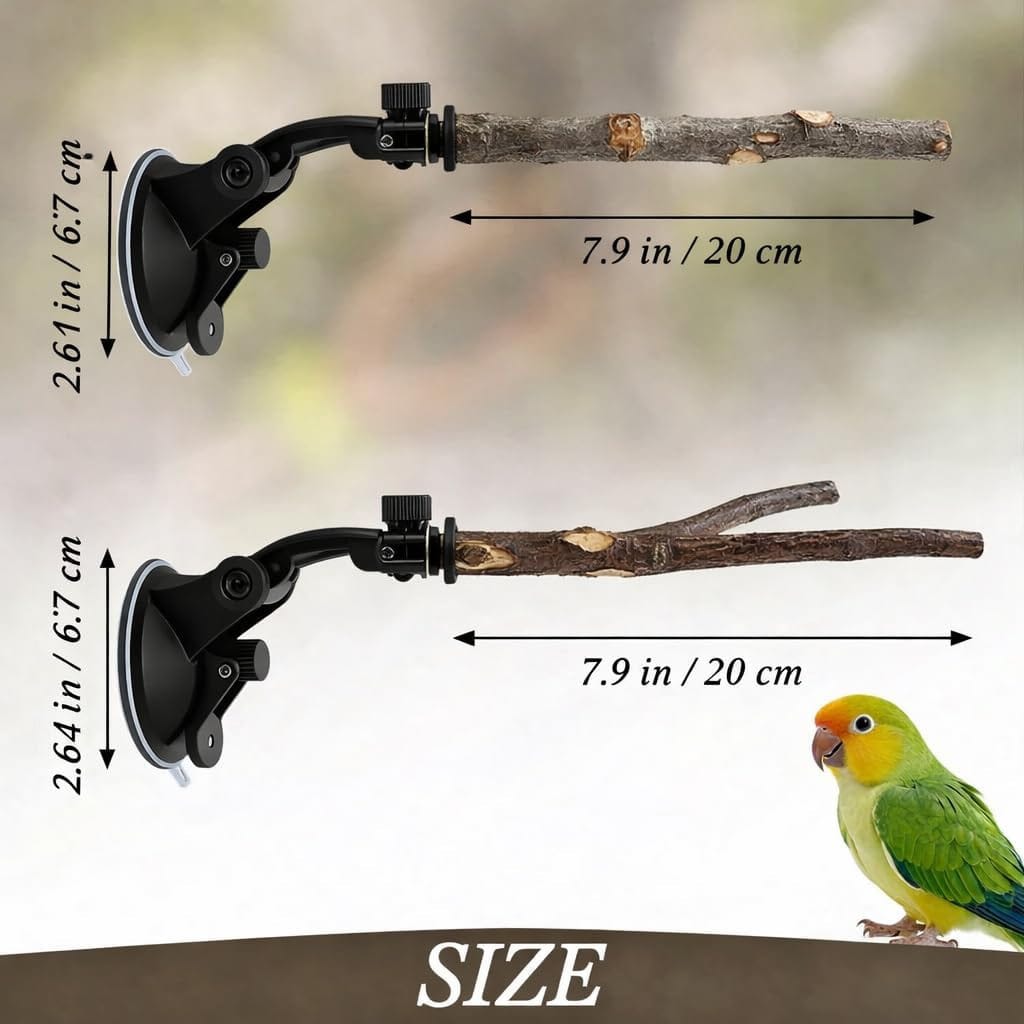 2 PCS Parrot Perch Stand, Movable Perch Stand Bird Training Set, Wood Parrot Perch Stand With Strong Suction Cup For Cockatoo, Macaw, Parakeet, Window Mirror Car Shower Ceramic Tiles Bath