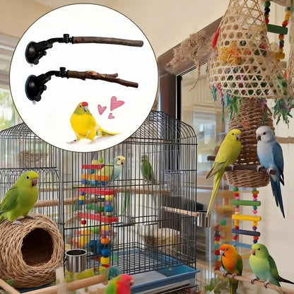 2 PCS Parrot Perch Stand, Movable Perch Stand Bird Training Set, Wood Parrot Perch Stand With Strong Suction Cup For Cockatoo, Macaw, Parakeet, Window Mirror Car Shower Ceramic Tiles Bath