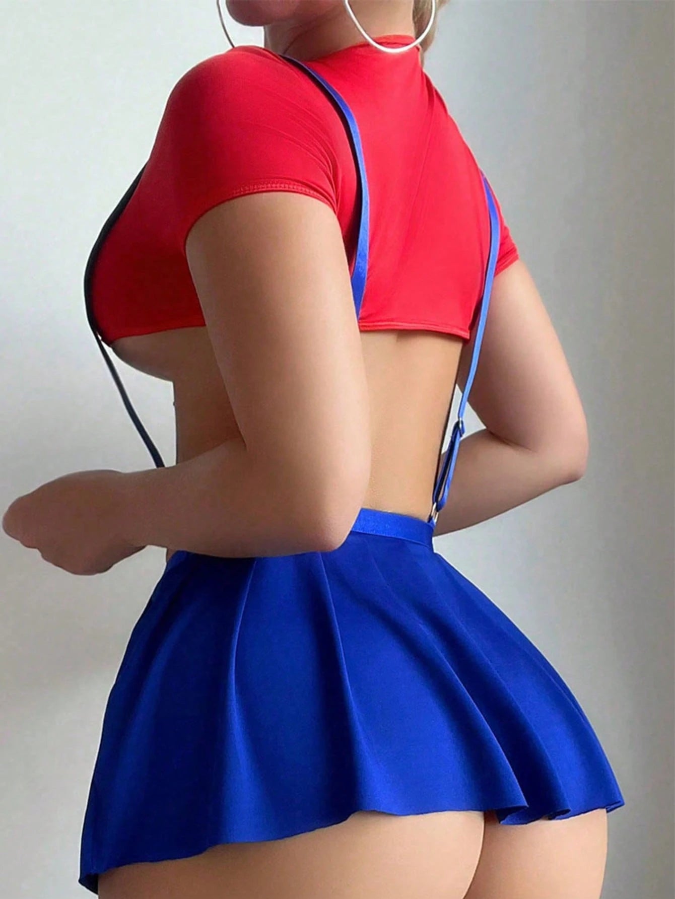 2 Piece 1 Set Stretchy Fabric Themed Cosplay Lingerie Set Short Sleeve Crop Top Suspender High Waist Pleated Skirt Sexy Game Style Homewear Set