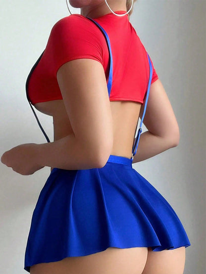 2 Piece 1 Set Stretchy Fabric Themed Cosplay Lingerie Set Short Sleeve Crop Top Suspender High Waist Pleated Skirt Sexy Game Style Homewear Set