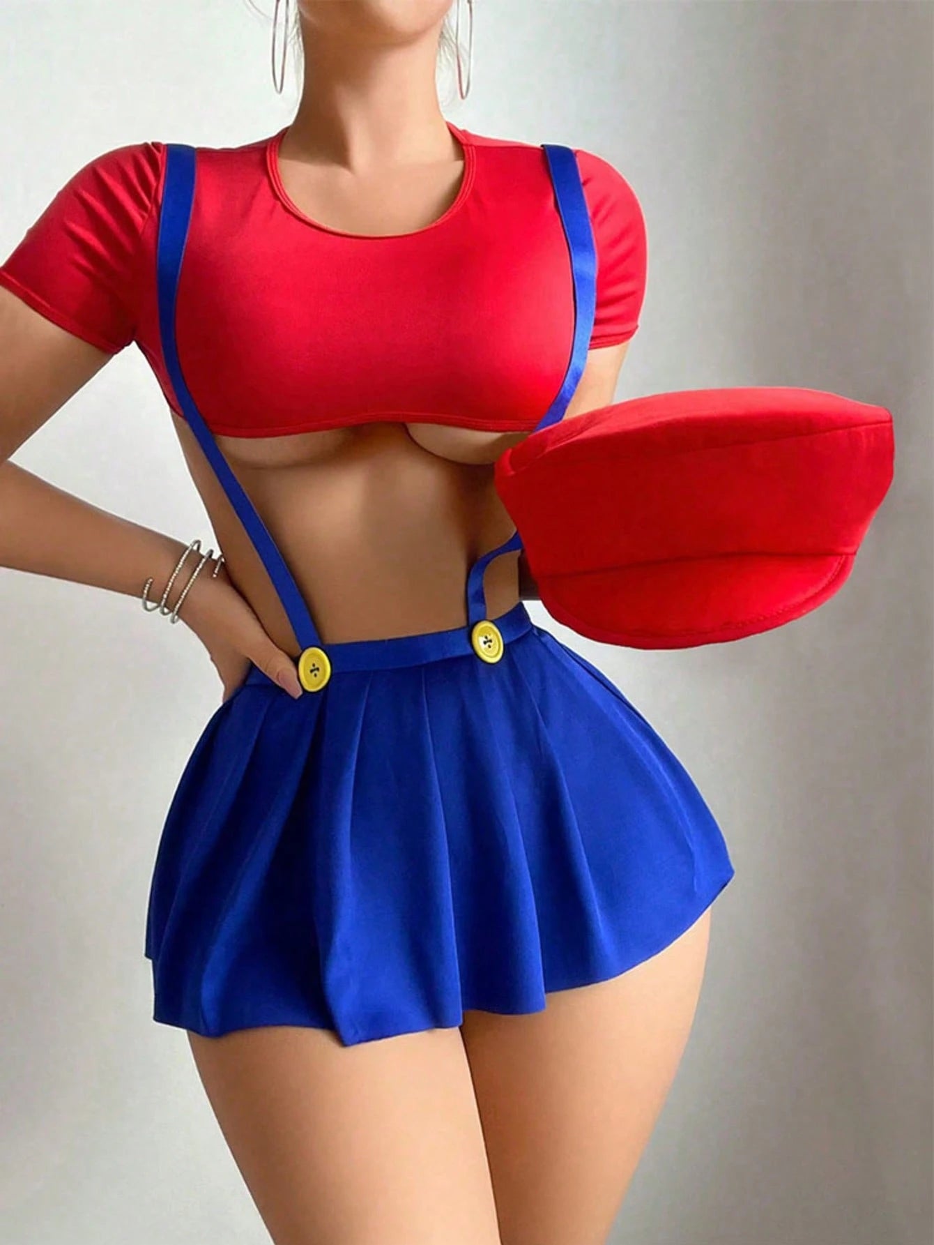 2 Piece 1 Set Stretchy Fabric Themed Cosplay Lingerie Set Short Sleeve Crop Top Suspender High Waist Pleated Skirt Sexy Game Style Homewear Set