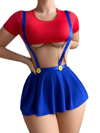2 Piece 1 Set Stretchy Fabric Themed Cosplay Lingerie Set Short Sleeve Crop Top Suspender High Waist Pleated Skirt Sexy Game Style Homewear Set