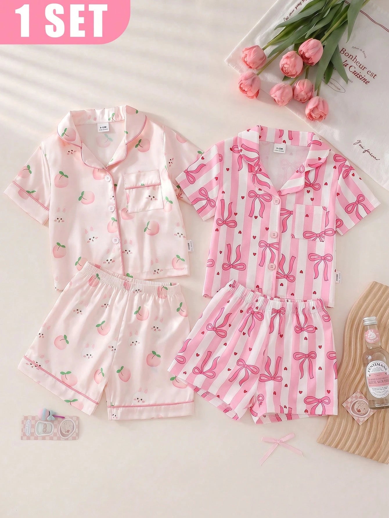 2-Piece Girls Toddler Pink And White Striped Summer Cute Sleep Pajamas Set,Lapel Collar Short Sleeve Shorts,Red Heart Bow Print Loungewear,Button Up