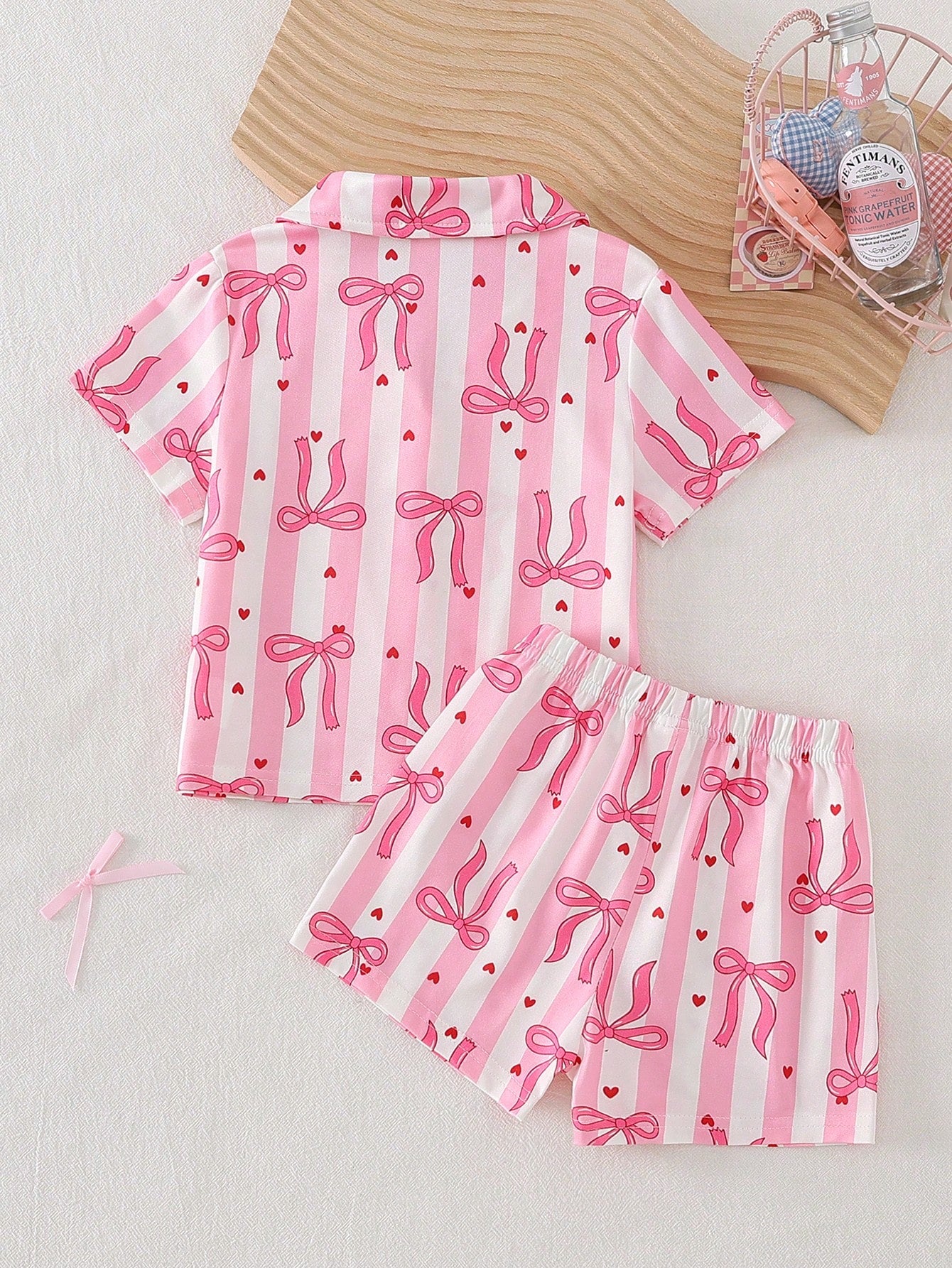 2-Piece Girls Toddler Pink And White Striped Summer Cute Sleep Pajamas Set,Lapel Collar Short Sleeve Shorts,Red Heart Bow Print Loungewear,Button Up