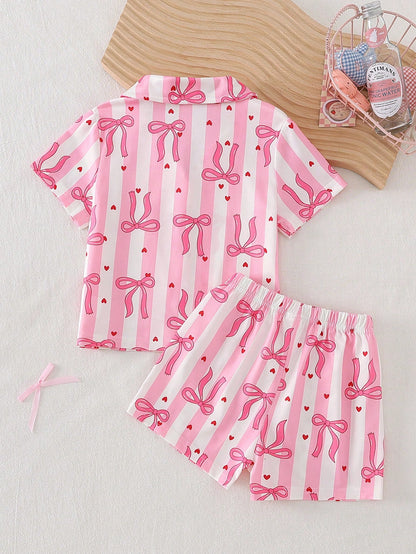 2-Piece Girls Toddler Pink And White Striped Summer Cute Sleep Pajamas Set,Lapel Collar Short Sleeve Shorts,Red Heart Bow Print Loungewear,Button Up