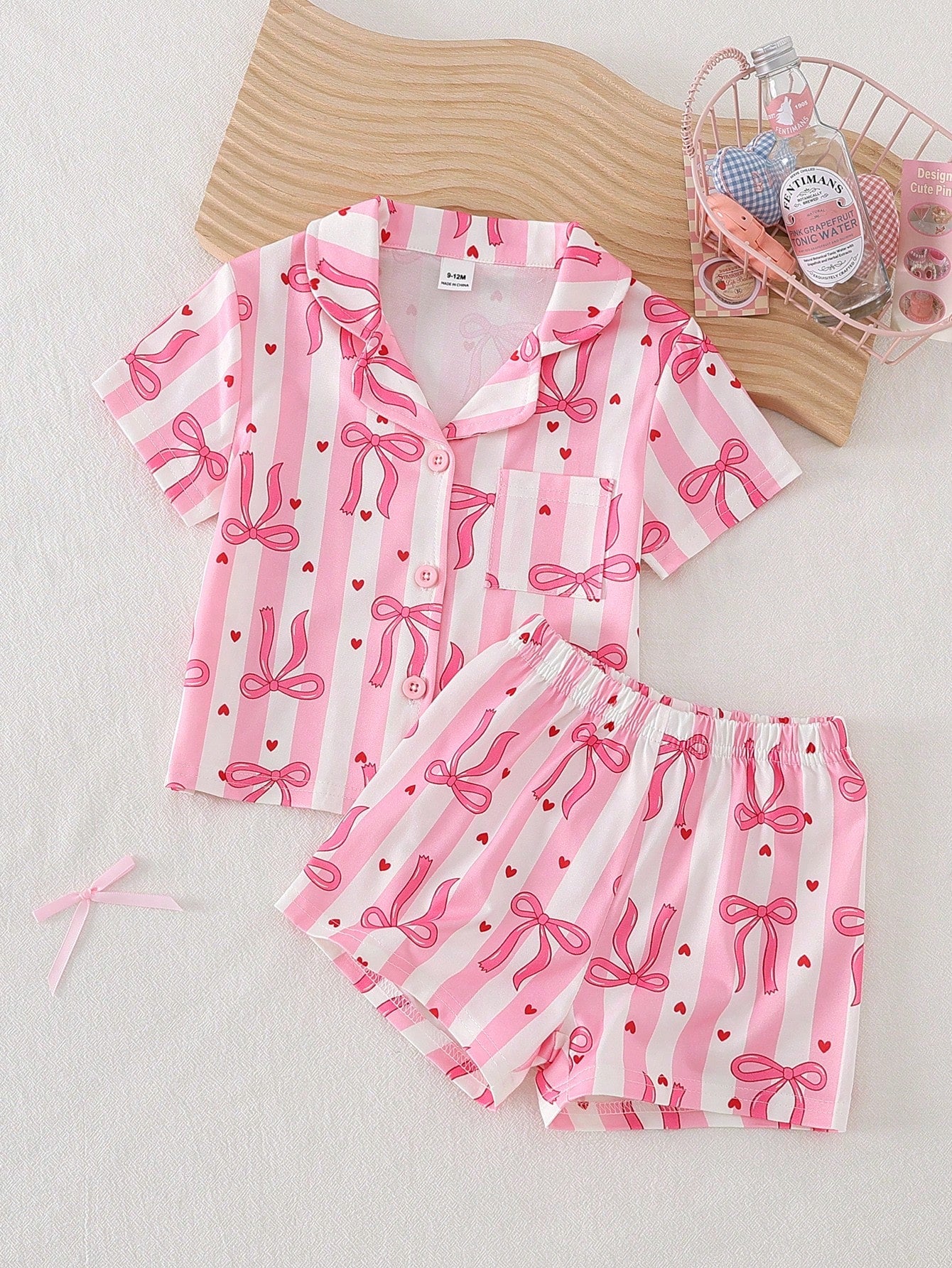 2-Piece Girls Toddler Pink And White Striped Summer Cute Sleep Pajamas Set,Lapel Collar Short Sleeve Shorts,Red Heart Bow Print Loungewear,Button Up