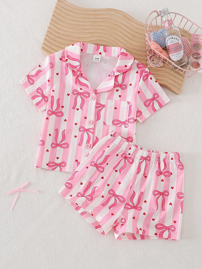 2-Piece Girls Toddler Pink And White Striped Summer Cute Sleep Pajamas Set,Lapel Collar Short Sleeve Shorts,Red Heart Bow Print Loungewear,Button Up