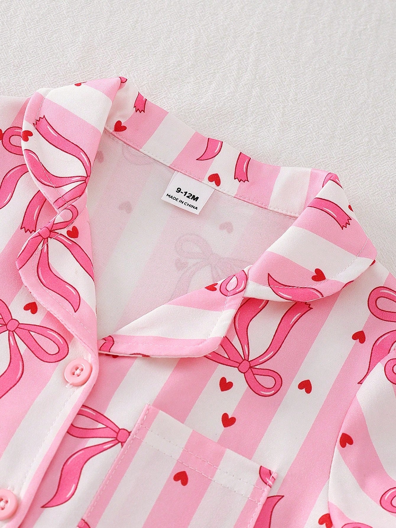 2-Piece Girls Toddler Pink And White Striped Summer Cute Sleep Pajamas Set,Lapel Collar Short Sleeve Shorts,Red Heart Bow Print Loungewear,Button Up