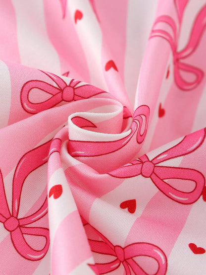 2-Piece Girls Toddler Pink And White Striped Summer Cute Sleep Pajamas Set,Lapel Collar Short Sleeve Shorts,Red Heart Bow Print Loungewear,Button Up