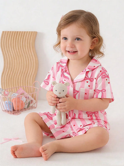 2-Piece Girls Toddler Pink And White Striped Summer Cute Sleep Pajamas Set,Lapel Collar Short Sleeve Shorts,Red Heart Bow Print Loungewear,Button Up
