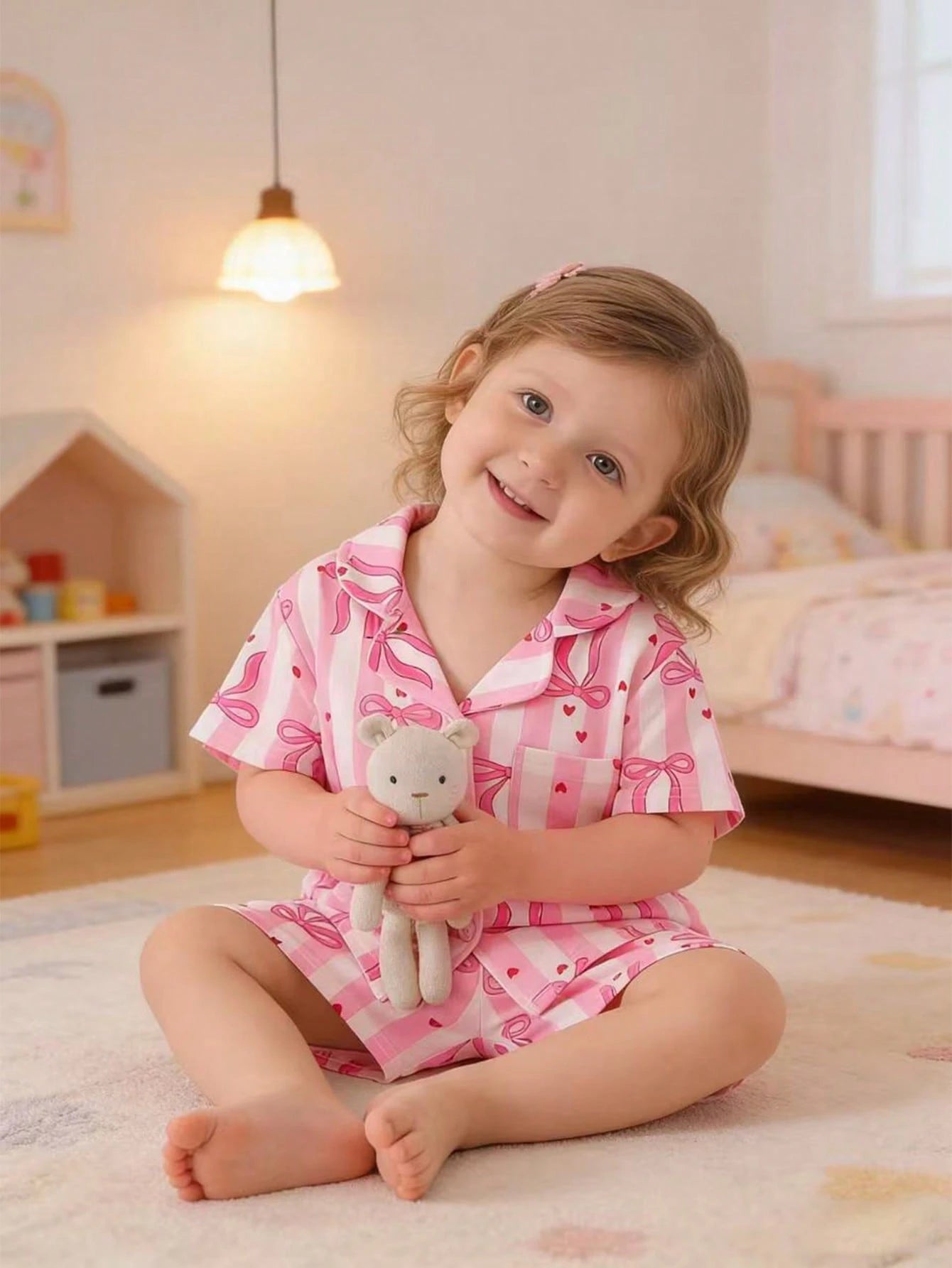 2-Piece Girls Toddler Pink And White Striped Summer Cute Sleep Pajamas Set,Lapel Collar Short Sleeve Shorts,Red Heart Bow Print Loungewear,Button Up