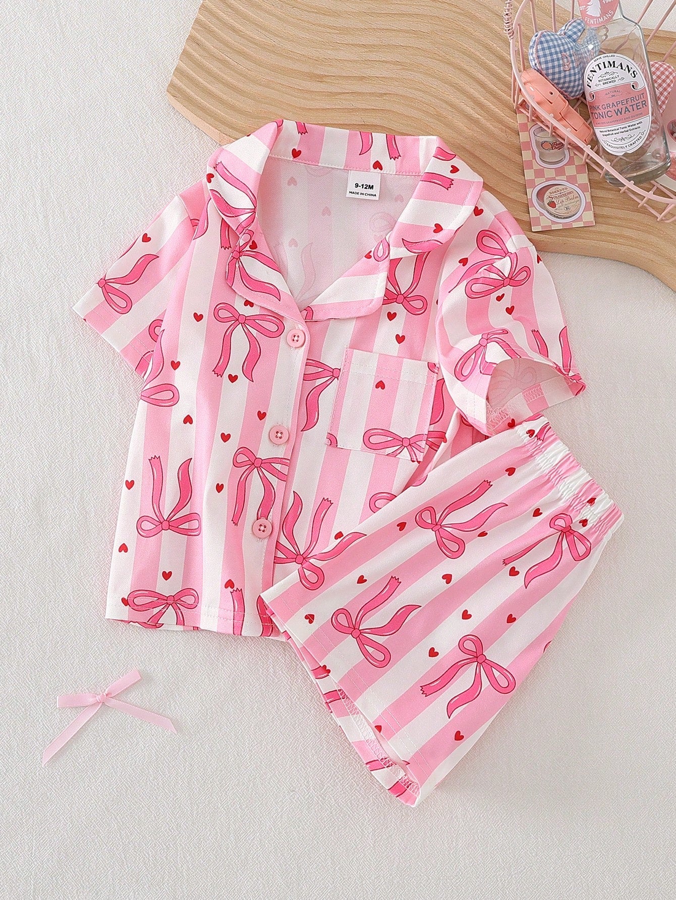 2-Piece Girls Toddler Pink And White Striped Summer Cute Sleep Pajamas Set,Lapel Collar Short Sleeve Shorts,Red Heart Bow Print Loungewear,Button Up