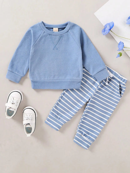 2-Piece Soft And Cute Baby Boy Solid Color Hoodie And Striped Pants Set, Soft, Comfortable And Breathable