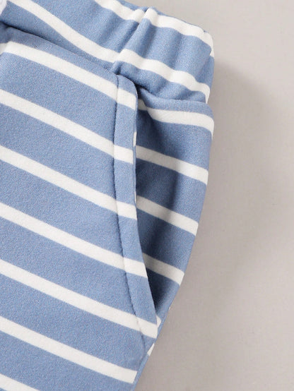 2-Piece Soft And Cute Baby Boy Solid Color Hoodie And Striped Pants Set, Soft, Comfortable And Breathable