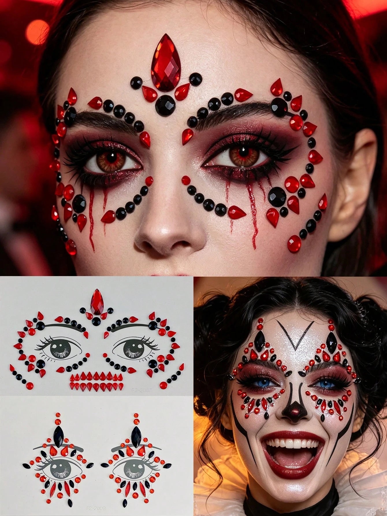 2 Sheets Black And Red Face Gem Stickers- Skull, Gothic, Punk Design, Face Gems Suitable For Mexican Day Of The Dead, Carnival, Halloween, Music Festivals