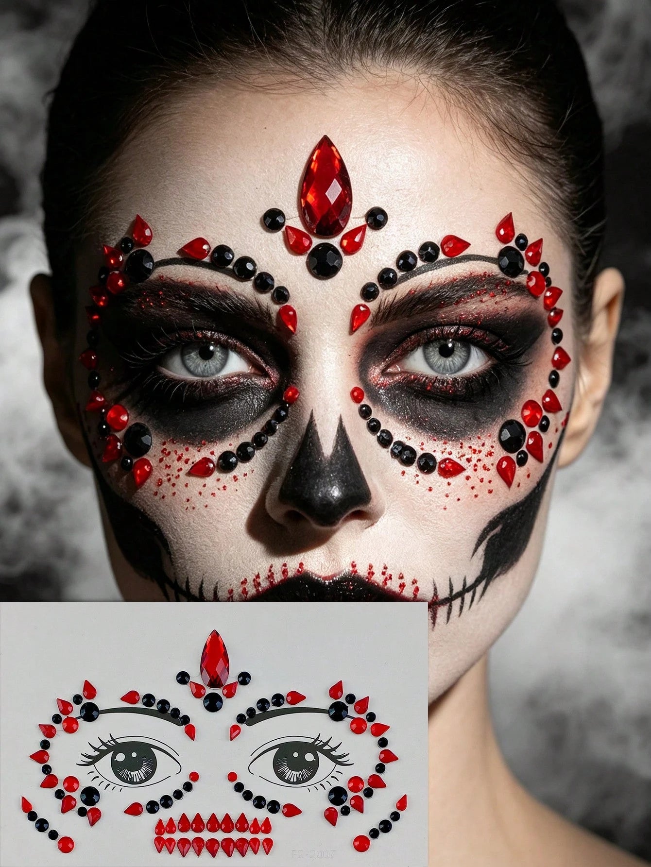 2 Sheets Black And Red Face Gem Stickers- Skull, Gothic, Punk Design, Face Gems Suitable For Mexican Day Of The Dead, Carnival, Halloween, Music Festivals