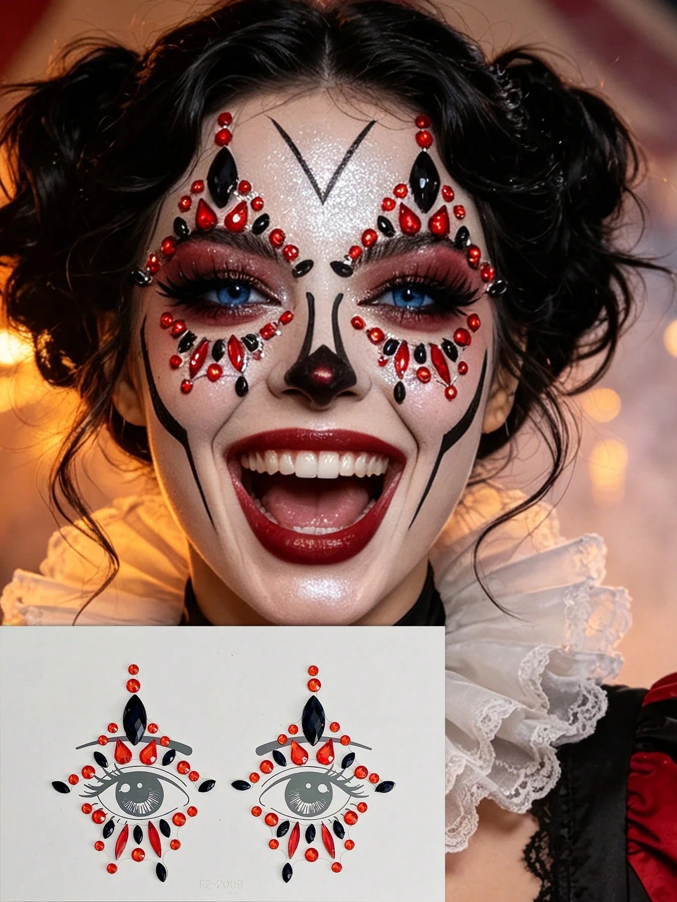 2 Sheets Black And Red Face Gem Stickers- Skull, Gothic, Punk Design, Face Gems Suitable For Mexican Day Of The Dead, Carnival, Halloween, Music Festivals