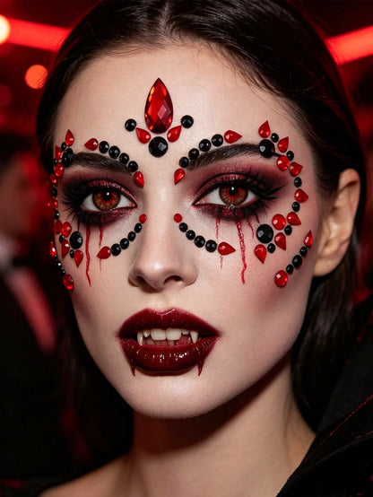 2 Sheets Black And Red Face Gem Stickers- Skull, Gothic, Punk Design, Face Gems Suitable For Mexican Day Of The Dead, Carnival, Halloween, Music Festivals