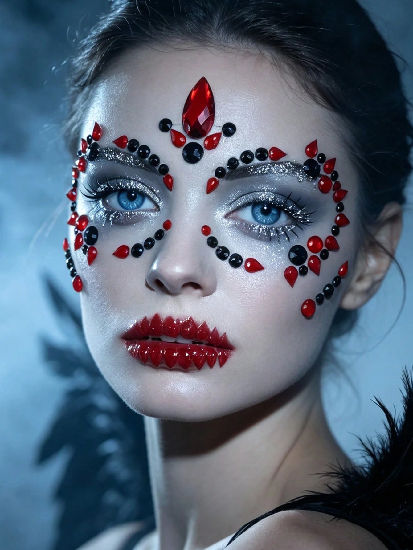 2 Sheets Black And Red Face Gem Stickers- Skull, Gothic, Punk Design, Face Gems Suitable For Mexican Day Of The Dead, Carnival, Halloween, Music Festivals